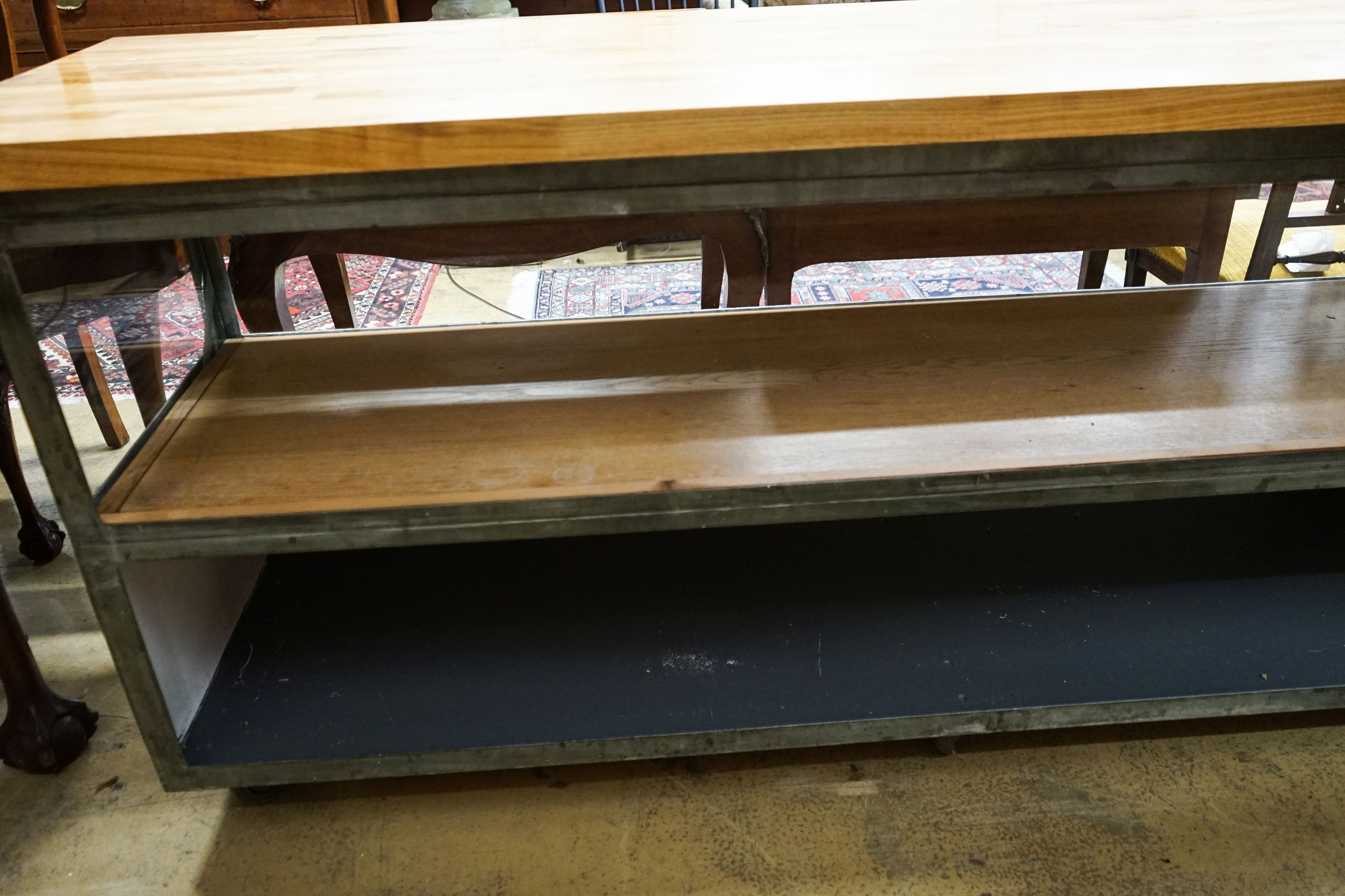 A glazed shop counter now as a kitchen island with removable wood worktop, length 212cm, depth 63cm, height 93cm